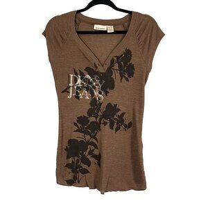 DKNY Top women S Brown Floral Y2K Retro Graphic Punk Grunge 80s Vampire Boho